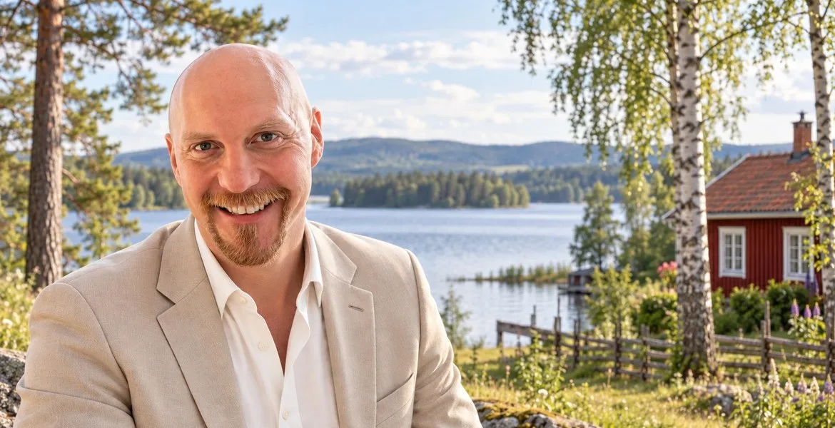 Joel Iverlöv, affärsansvarig på Dalwebb, vid en sjö med en röd stuga