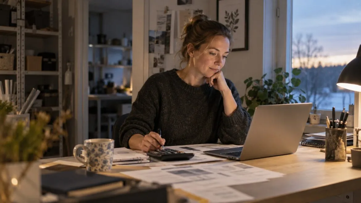 En kvinna räknar på papper vid en laptop